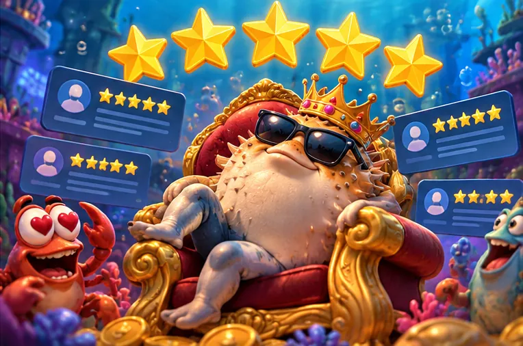 Pufferfish king on a throne surrounded by five-star reviews