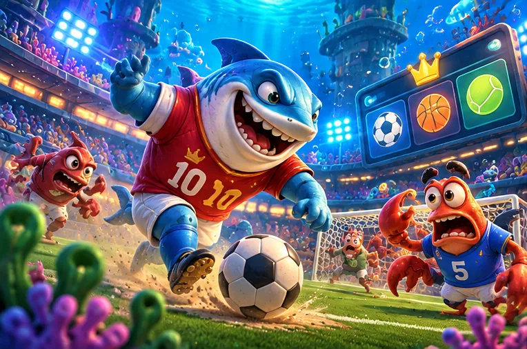Shark footballer dribbling past a crab defender